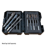 Metal thread tap set in black storage case on white background, wood taps not included