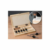 Woodworking countersink drill bit set in wooden case with close-up of bit in use on wood