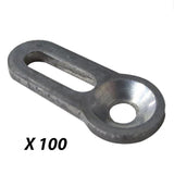 Metal oval hanger bolt fastener with countersunk hole, quantity 100, for woodworking projects.