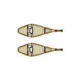 Pair of traditional wooden snowshoes with woven webbing on a white background.