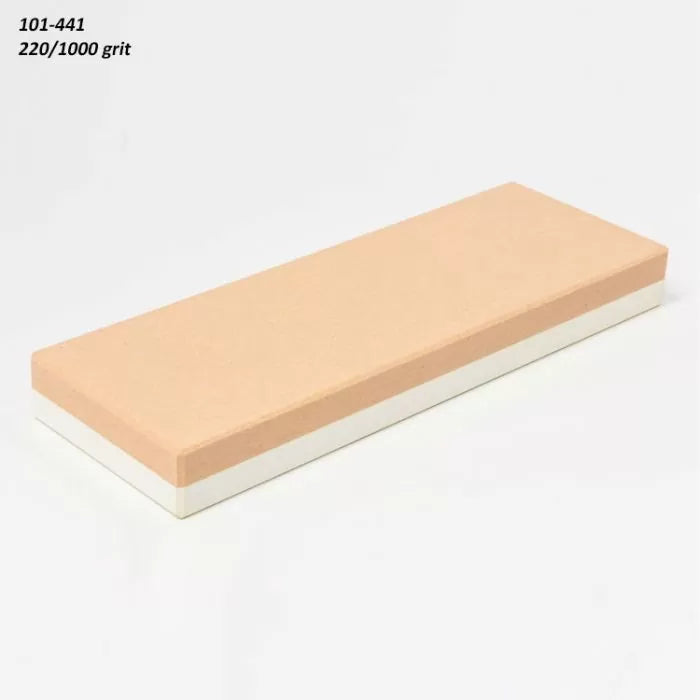 Dual grit sharpening stone with 220 and 1000 grit for woodworking tools on white background