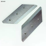 Pair of replacement jointer knives with beveled edges and mounting holes on white background