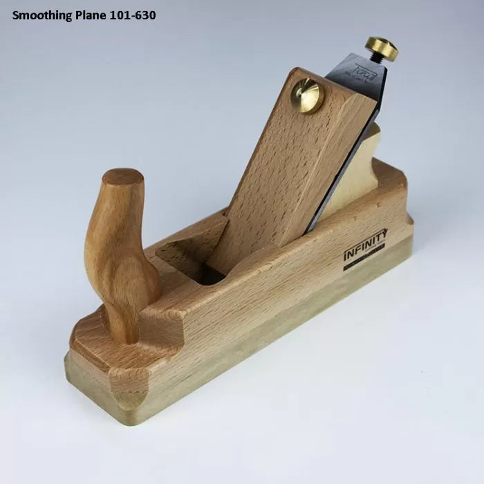 Wooden smoothing hand plane with angled blade, ergonomic handle, and engraved side logo
