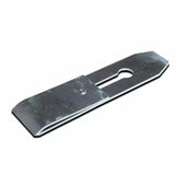 Steel woodworking plane iron blade with slotted keyhole, isolated on white background