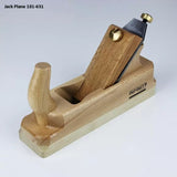 Wooden jack plane hand tool with brass fittings for woodworking on white background