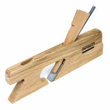 Wooden woodworking edge plane tool with angled blade and ergonomic handle, isolated on white.