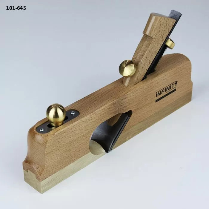 Wooden hand plane with brass fittings for woodworking, labeled Infinity, on white background