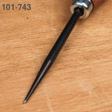 Woodworking center punch tool with pointed steel tip on a wooden workbench