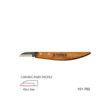 Wood carving knife with wooden handle, 40x12mm blade, and carving knife profile diagram