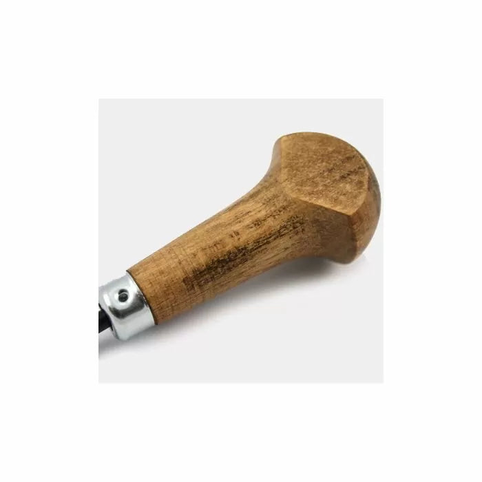 Wooden handle for woodworking tool with metal collar on white background