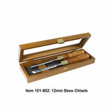 Set of two 12mm skew chisels with wooden handles in a wooden case for woodworking