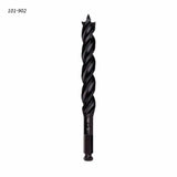 Black auger drill bit with spiral flute and hex shank for woodworking, isolated on white background