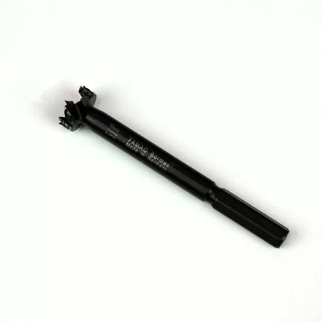 Black woodworking Forstner drill bit with hex shank on white background