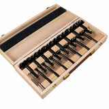 Wooden case with a set of Forstner drill bits organized for woodworking