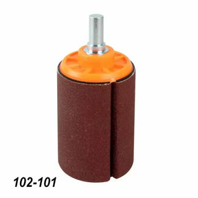 Drum sanding attachment with orange top, woodworking tool, abrasive sandpaper sleeve.