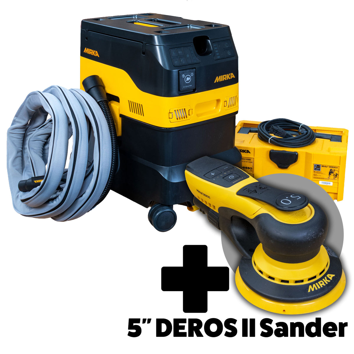 Mirka Deros Sanding package including dust collector, hose, and sander on a white background.