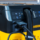 Closeup of power plug on the front of the Mirka Deros Dust collector