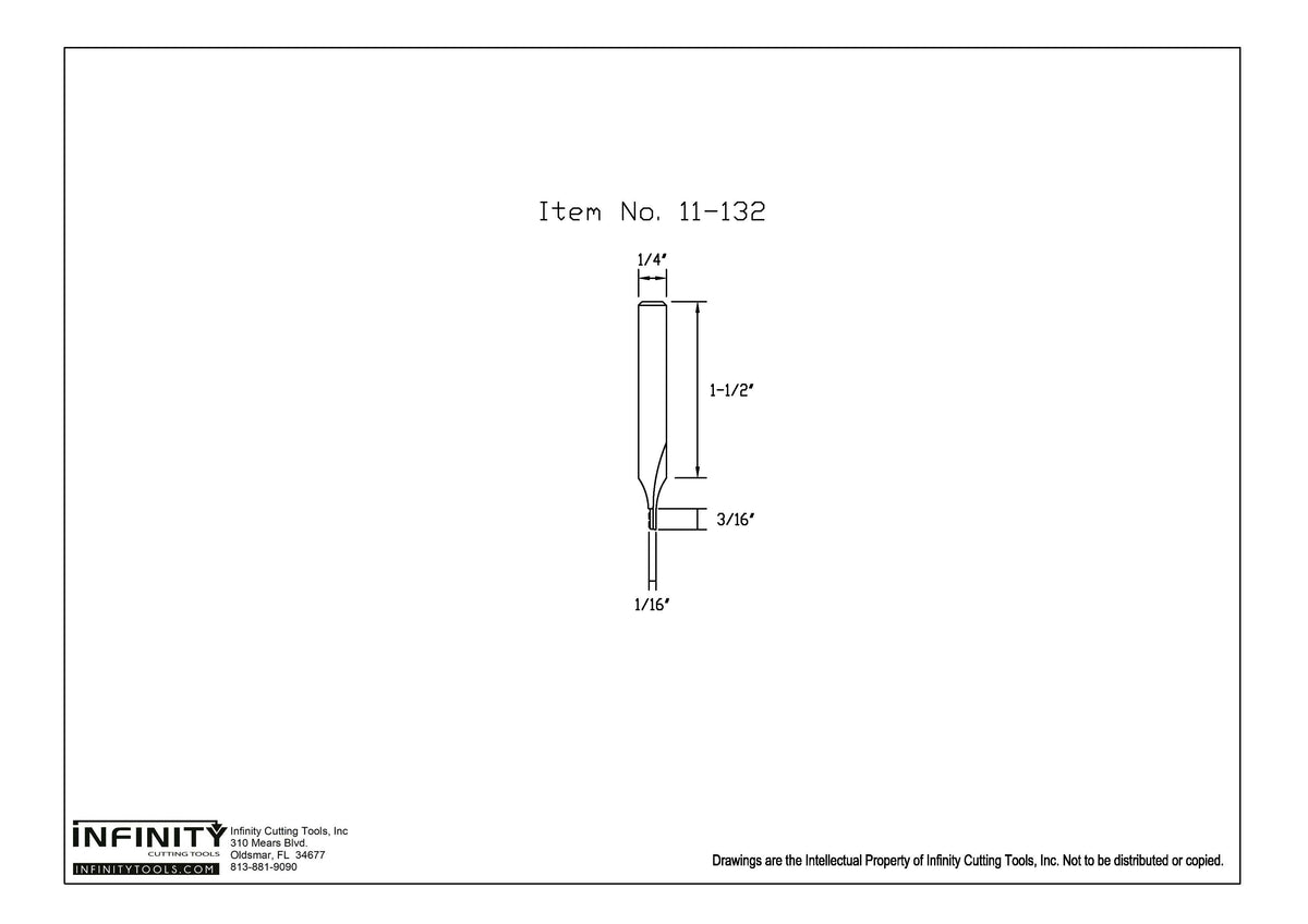 Technical drawing of straight router bit with dimensions, item number 11-132, for woodworking.