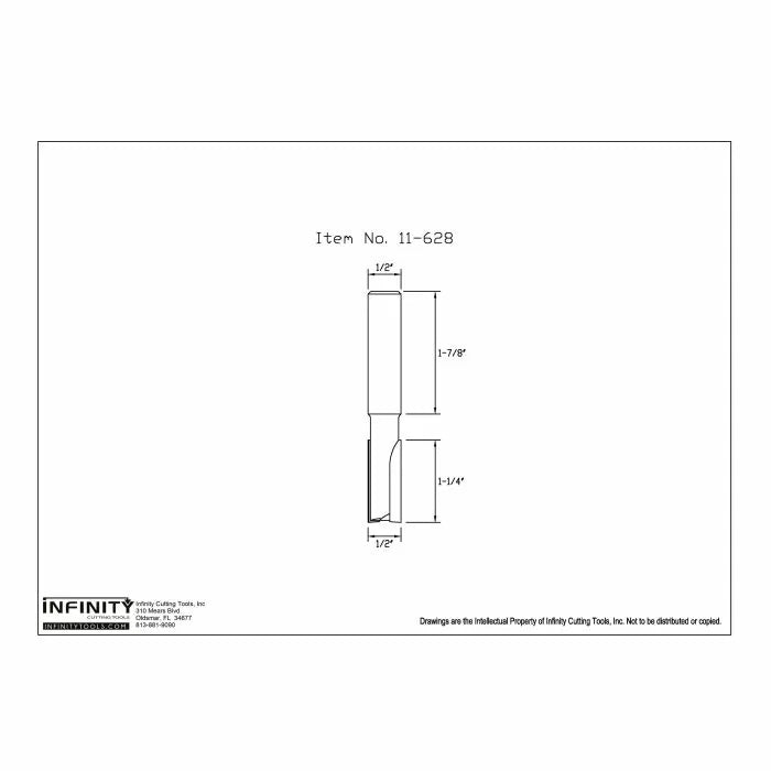 Technical drawing of straight router bit, 1/2 inch shank, item 11-628, with measurements.
