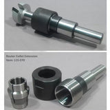 Router collet extension set with metal and black components for woodworking routers