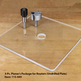 3-piece planer package for routers with undrilled clear plate and router bits on wood surface