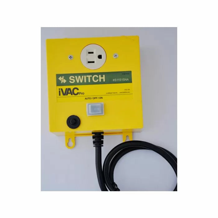 Yellow iVAC Pro switch controller with power outlet and cord for woodworking dust collection