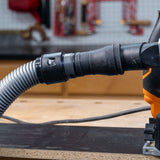 Closeup of a quick snap adapter on a track saw.