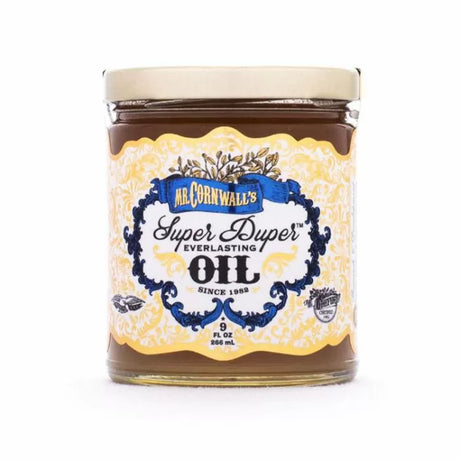Glass jar of Super Duper Everlasting Oil for woodworking, 9 fl oz, with decorative label.