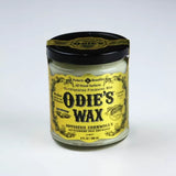 Odie's Wax wood finishing wax in glass jar with yellow label and black lid, 9 fl oz
