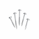 Five silver flat-head wood screws arranged on a white background.