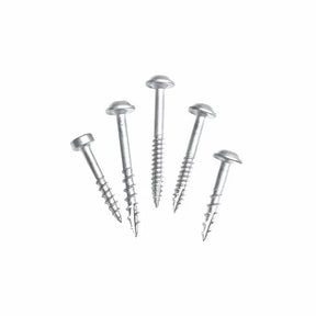 Five silver woodworking screws with flat round heads on a white background