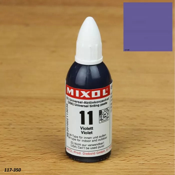 Mixol violet universal tinting paste bottle for woodworking, shown on wooden surface