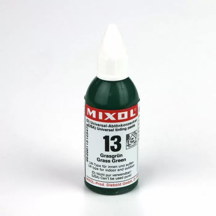 Mixol universal tinting paste bottle, grass green color, woodworking colorant