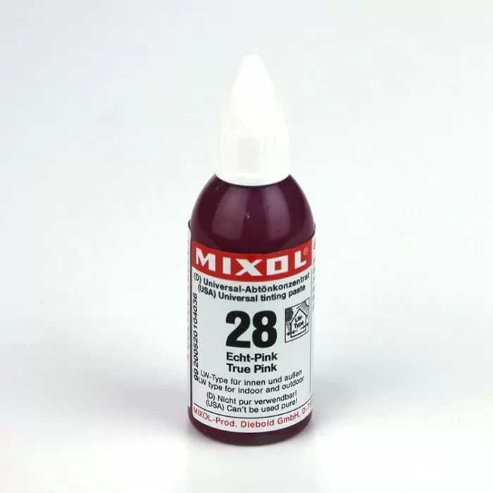 Mixol number 28 true pink universal tinting paste bottle for woodworking projects.