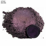 Pile of dark purple metallic powder pigment labeled Dark Ube, with a close-up container.