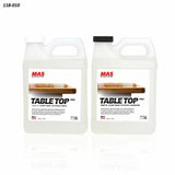 Two containers of MAS Table Top Pro clear epoxy resin and hardener for woodworking projects