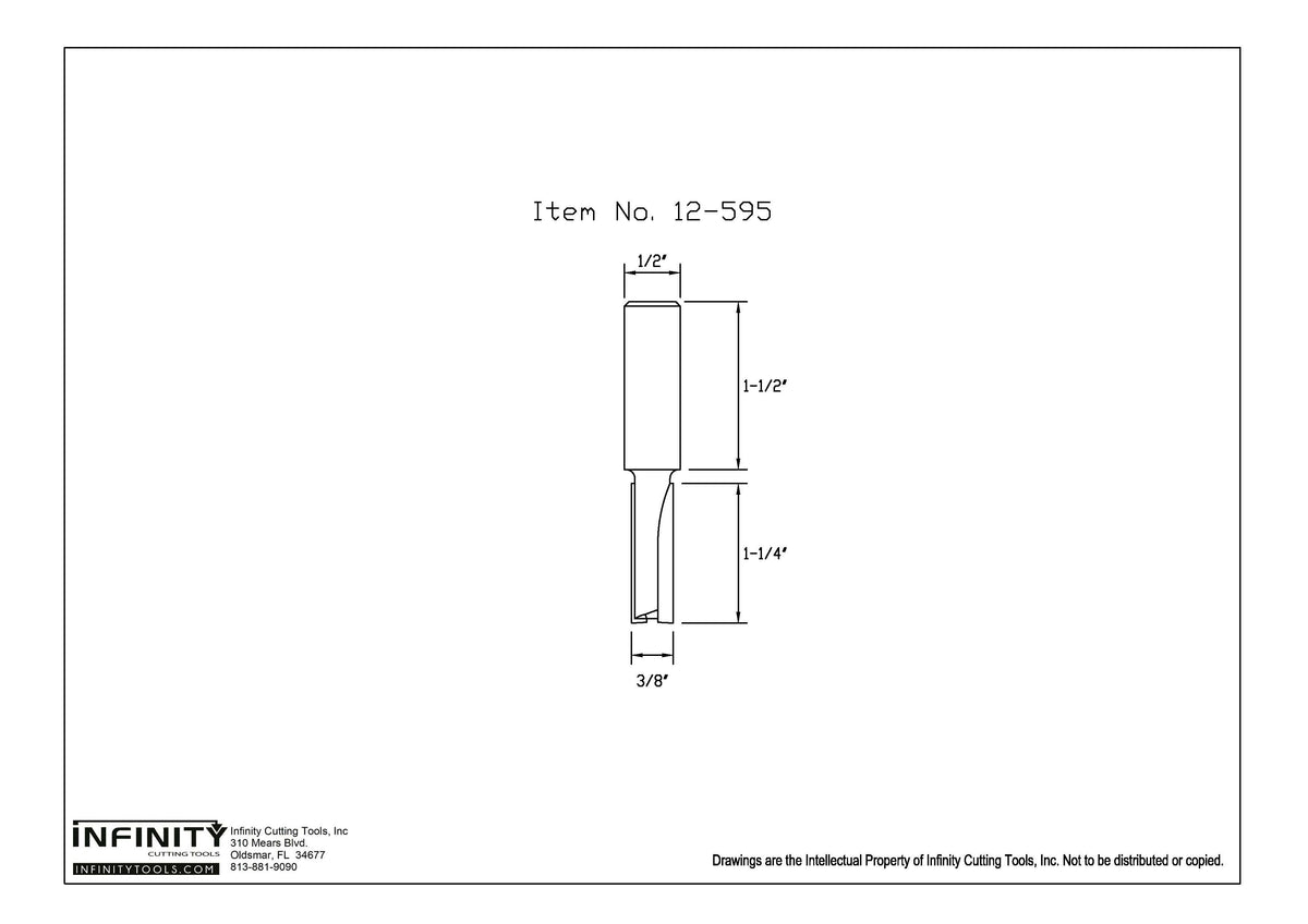 Diagram of straight router bit with dimensions, item 12-595, woodworking tool