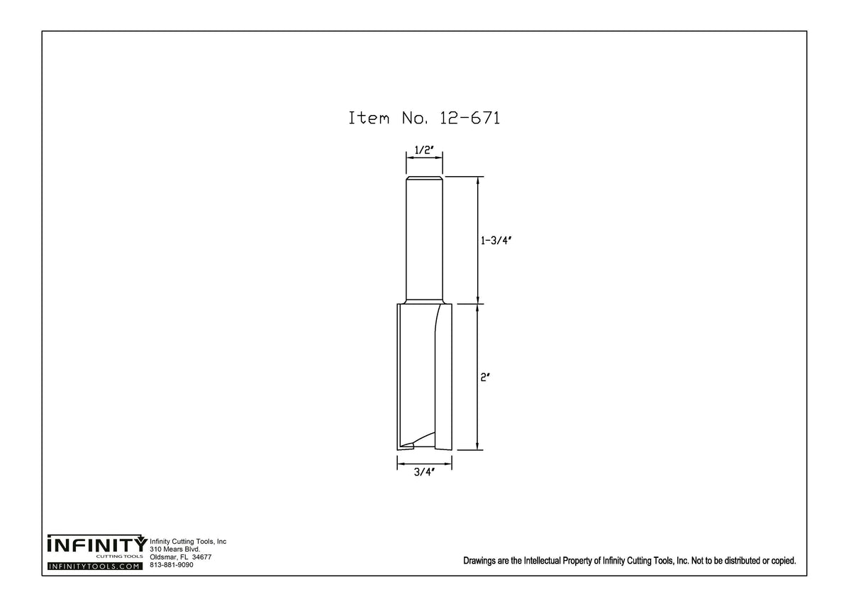 Router bit diagram with dimensions, 3/4 inch cutting width, 2 inch cutting length