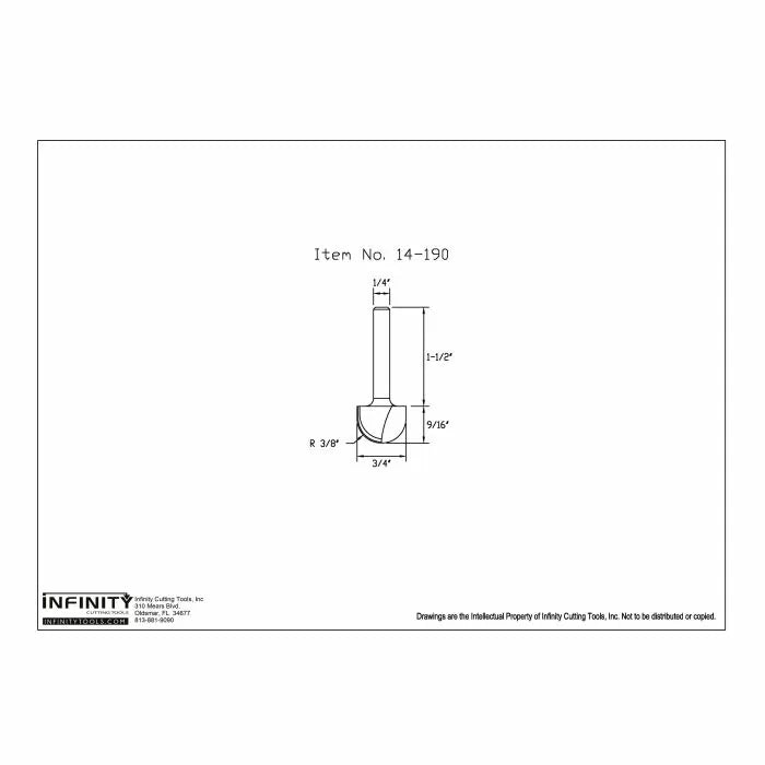 Technical drawing of woodworking round nose router bit, 1/4 inch shank, item 14-190