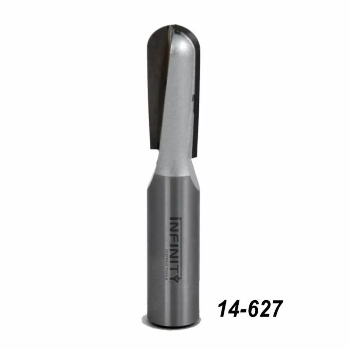 Straight router bit for woodworking with metallic finish, labeled 14-627 on white background.