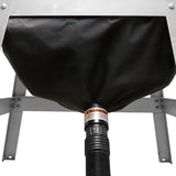 Workshop vacuum dust collection bag attached to dust hose under metal frame