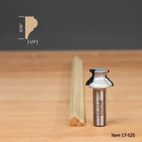 Classical ogee router bit with molding profile and sample wood trim on workbench