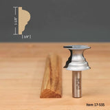 Woodworking router bit with ogee profile and sample moulding, item 17-535, on wood surface.