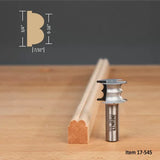 Woodworking router bit with matching decorative edge profile and measurements on wood piece