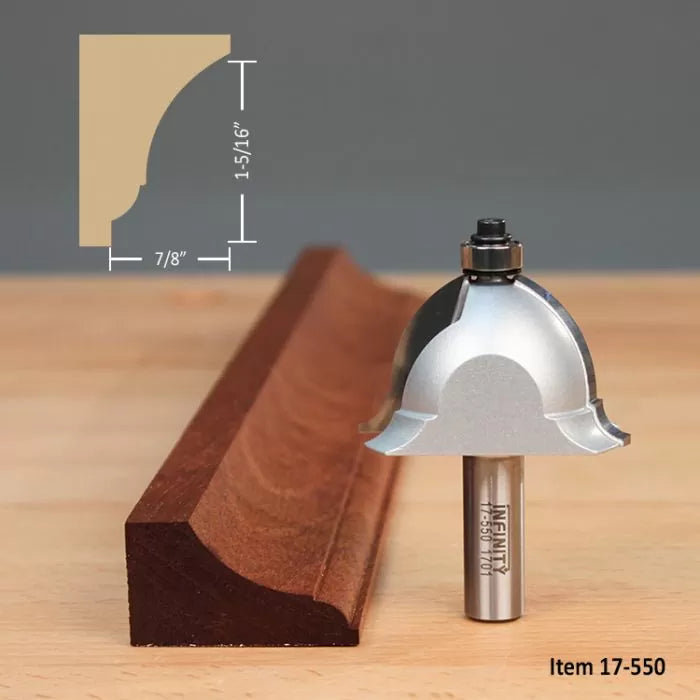 Crown molding router bit with sample wooden molding and cutting dimensions, woodworking tool