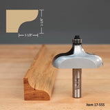 Large roundover router bit beside milled wood molding with profile diagram and dimensions