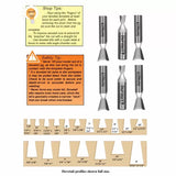 Dovetail router bits set with safety tips, shop tips, and full-size dovetail profile diagrams.