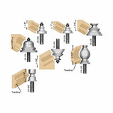 Assorted woodworking router bits with labeled profiles and cutting dimensions for molding.