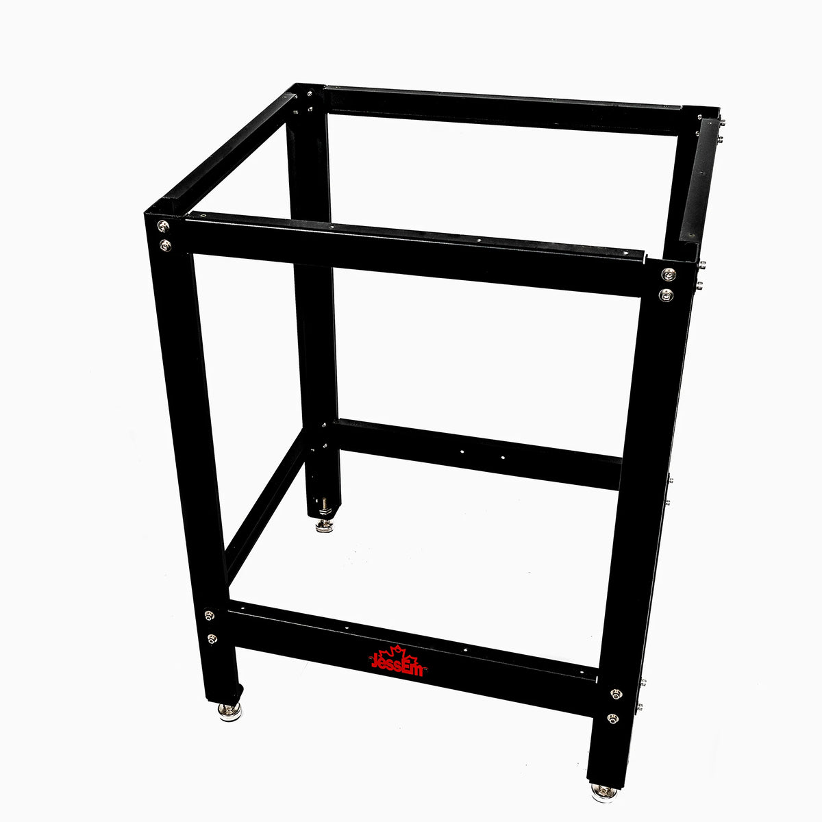 Black metal router table stand frame with adjustable feet for woodworking