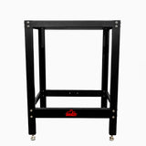 Black metal router table stand with adjustable feet for woodworking shops